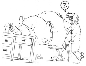 anthro belly big_belly bodily_fluids drooling eyes_closed male morbidly_obese obese obese_male office open_mouth overweight overweight_male saliva sharp_teeth sleeping solo teeth tongue pokelai bear mammal monochrome traditional_media_(artwork)
