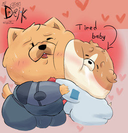 after_sex anthro belly blush bodily_fluids chibi clothing cum cum_in_mouth cum_inside duo eyes_closed genital_fluids gloves handwear heart_symbol hug male male/male obese one_eye_closed open_mouth overweight red_clothing red_gloves red_handwear size_difference slightly_chubby smile sweat sweatdrop tail text uniform ugly-rat15508 dogs_in_space netflix jerry_(dogs_in_space) loaf_(dogs_in_space) bulldog canid canine canis chow_chow domestic_dog mammal mastiff molosser spitz hi_res