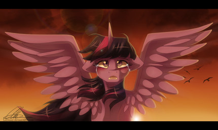 black_bars bodily_fluids cloud crying feathered_wings feathers female feral flying fur hair horn multicolored_hair outside purple_body purple_feathers purple_fur purple_hair sad sky solo sun sunset tears two_tone_hair wings dvixie friendship_is_magic hasbro my_little_pony mythology twilight_sparkle_(mlp) equid equine mammal mythological_creature mythological_equine winged_unicorn 2013 letterbox