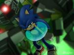 anthro blue_body blue_fur bodily_fluids bound bubble clothing duo footwear fur gloves glowing green_eyes handwear machine male shoes soap_shoes sweat water kalk427 sega sonic_the_hedgehog_(series) sonic_the_hedgehog eulipotyphlan gun_hunter hedgehog mammal robot