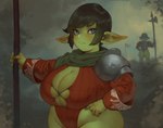 2022 absurd_res armor big_breasts big_butt blush breasts butt cleavage clothed clothing duo female forastero goblin green_body hi_res huge_breasts humanoid humanoid_pointy_ears leotard short_stack skimpy tani_(cranihum) unconvincing_armor wide_hips