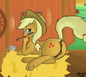 barn bodily_fluids butt clitoral_winking clitoris female feral genital_fluids genitals looking_at_viewer presenting presenting_hindquarters smile solo sunset teats vaginal_fluids vulva whip aesyr friendship_is_magic hasbro my_little_pony applejack_(mlp) equid equine horse mammal