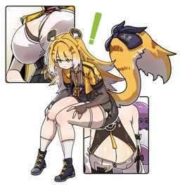 accessory animal_ears bare_legs big_breasts black_short blonde_hair blue_clothing blue_footwear blue_shoes breasts cleavage clothed clothing collared_shirt dress_shirt faceless_character female fluffy_ears footwear furgonomics green_eyes grey_dress_shirt hair hair_between_eyes jacket long_hair markings open_clothing open_jacket open_topwear raised_tail ribbons sad shirt shoes sitting small_breasts socks striped_hair striped_markings striped_tail stripes tail tail_accessory tail_markings tail_ribbon tentacles thinking thinking_about_another topwear two_tone_tail white_clothing white_footwear white_hair white_socks yellow_clothing yellow_jacket_(clothing) yellow_topwear gp_(pixiv) mihoyo zenless_zone_zero ju_fufu yidhari_murphy yixuan_(zenless_zone_zero) animal_humanoid felid felid_humanoid humanoid mammal mammal_humanoid pantherine pantherine_humanoid thiren tiger_humanoid