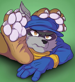 angry annoyed anthro blue_clothing blue_hat blue_headwear blue_topwear brown_body brown_eyes brown_fur clothed clothing duo feet foot_fetish foot_focus foot_on_face frown fur gloves green_background grey_body grey_fur grumpy handwear hat head_markings headgear headwear lying male markings mask on_front pawpads paws scarf simple_background soles solo_focus topwear wrinkles yellow_scarf kiwifizz sly_cooper_(series) sony_corporation sony_interactive_entertainment sucker_punch_productions sly_cooper mammal procyonid raccoon hi_res