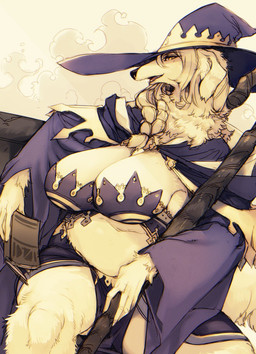 5_fingers anthro book bottomwear braided_hair breasts clothing female fingers floppy_ears fur hair hat headgear headwear holding_book holding_object holding_staff open_mouth simple_background solo staff topwear wizard_hat yellow_background yellow_eyes kishibe canid canine canis domestic_dog hunting_dog mammal sighthound