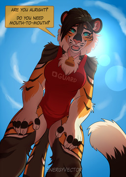anthro black_body black_fur blue_eyes blue_sky breasts brown_body brown_fur claws clothing cloud dialogue female fur hair lifeguard lifeguard_swimsuit looking_at_viewer looking_down low-angle_view medium_breasts one-piece_swimsuit orange_body orange_fur outside question_mark sky solo speech_bubble sun swimwear talking_to_viewer text thick_thighs whistle_(object) white_body white_fur wide_hips worm's-eye_view worried energyvector kaira_(autumn_tbc) felid mammal pantherine tiger 2022 digital_media_(artwork) english_text hi_res
