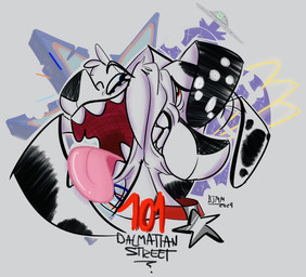 black_body black_fur black_nose black_spots blue_collar collar duo fangs female feral floppy_ears fur heterochromatic_ears male red_collar spots teeth tongue tongue_out white_body white_fur white_spots alebrijedraws 101_dalmatian_street 101_dalmatians disney dolly_(101_dalmatians) dylan_(101_dalmatians) canid canine canis dalmatian domestic_dog mammal 2024 hi_res