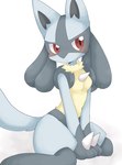 :< anthro blush breasts chest_spike eyelashes featureless_breasts female hands_between_legs kemono looking_away neck_tuft red_eyes simple_background sitting small_breasts solo spikes spikes_(anatomy) tuft wariza white_background kuzuyu nintendo pokemon generation_4_pokemon lucario pokemon_(species) hi_res