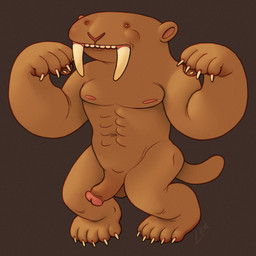 abs anthro caricature claws fangs fur genitals glans half-erect male muscular muscular_male nipples orange_body orange_fur pecs penis pink_glans pink_nipples raised_arms silly_face silly_pose simple_background small_eyes solo teeth wide_head wide_penis ravuer felid mammal prehistoric_species saber-toothed_tiger smilodon 1:1 hi_res