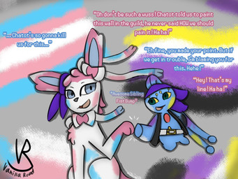 ambiguous_gender covered_in_paint duo female feral fist_bump floating gesture lgbt_pride pride pride_colors sitting text vanilla_road lgbt_pride_month nintendo pokemon pokemon_mystery_dungeon spike_chunsoft octavia_(vanilla_road) canid canine eeveelution generation_4_pokemon generation_6_pokemon legendary_pokemon mammal manaphy pokemon_(species) sylveon hi_res nonbinary_(lore) trans_(lore)