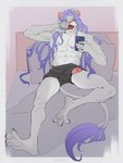 abs anthro bed bulge clothing detailed_bulge dipstick_tail feet furniture genital_outline genitals grey_body hair long_hair lying male markings muscular muscular_anthro muscular_male open_mouth pawpads paws penis penis_outline penis_poking_out penis_through_leghole purple_eyes purple_hair purple_tail_tip solo spread_legs spreading tail tail_markings tail_tuft tuft underwear yawn ansart ari_(azra3l) felid lion mammal pantherine 3:4 absurd_res hi_res