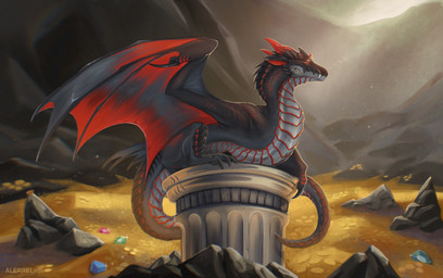 black_body black_scales cave detailed_background feral gold_(metal) male metal_scales metallic_body red_body red_eyes red_scales scales solo treasure treasure_hoard wings alerrel european_mythology mythology fleisher_(roifantome) roifantome dragon mythological_creature mythological_scalie scalie western_dragon wyvern 2025 full-length_portrait hi_res portrait