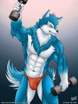 abs anthro asian_clothing athletic biceps big_muscles biped blue_body blue_fur bottomwear brown_nose bulge clothed clothing east_asian_clothing exercise fundoshi fur green_eyes grin holding_object japanese_clothing kemono loincloth male muscular muscular_anthro muscular_male pecs pose simple_background smile solo standing topless underwear weightlifting weights white_body white_fur workout kazat kazat_(kazat) canid canine canis domestic_dog fox husky mammal nordic_sled_dog spitz 2010 3:4