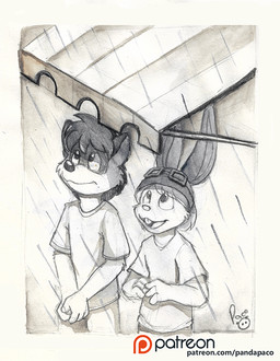 anthro clothed clothing duo eyewear goggles hat headgear headwear logo looking_up male mouth_closed open_mouth outside patreon_logo raining shirt t-shirt topwear young young_anthro young_male pandapaco patreon lagomorph leporid mammal procyonid rabbit raccoon artist_logo signature sketch spot_color