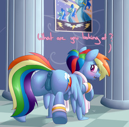 accessory alternate_hairstyle anatomically_correct anatomically_correct_genitalia anatomically_correct_vulva animal_genitalia animal_vulva anus blue_body blue_feathers blue_vulva blush bodily_fluids butt clothed clothed_feral clothing cutie_mark detailed_background dialogue dock_(anatomy) embarrassed equine_genitalia equine_vulva exercise eyebrows eyelashes feathered_wings feathers female feral genitals hair hair_accessory hair_tie hooves inside looking_at_viewer looking_back mostly_nude multicolored_hair open_mouth ponytail poster puffy_anus purple_eyes push-up question_mark rainbow_hair rear_view shadow solo sweat sweatband tail talking_to_viewer teeth text tile tongue towel towel_around_neck underhoof vulva wings workout victoreach friendship_is_magic hasbro my_little_pony mythology rainbow_dash_(mlp) wonderbolts_(mlp) equid equine mammal mythological_creature mythological_equine pegasus 2017 english_text hi_res