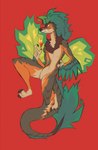 anthro arm_feathers claws countershading fangs featureless_crotch fire fluffy fur green_body green_fur male neck_tuft nude paws plant red_background sabertooth_(anatomy) simple_background slim solo spicy tail tail_tuft tailbutt teeth thick_tail toony tuft yellow_eyes mekmarchu dinosaur dromaeosaurid prehistoric_species reptile scalie theropod absurd_res full-length_portrait hi_res portrait sketch