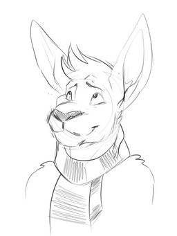anthro arm_tuft closed_smile front_view head_tuft looking_up male male_anthro mouth_closed scarf shoulder_tuft smile solo tuft solaxe_(artist) solaxe kangaroo macropod mammal marsupial 3:4 bust_portrait monochrome portrait sketch
