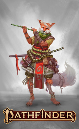 anthro barefoot brown_body brown_fur claws dagger feet fur grey_background holding_flute katana male melee_weapon playing_music simple_background smile solo standing sword tail weapon whiskers leonardo_santanna paizo pathfinder canid canine fox mammal 2019 digital_media_(artwork) hi_res official_art