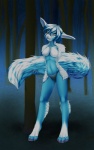 4_toes anthro biped blue_body blue_fur blue_hair breasts canid canine claws clothed clothing digitigrade feet female fennec_fox fluffy fluffy_tail fox fur hair holding_tail looking_at_viewer mammal nipples pacmancorp red_eyes skimpy solo standing tail toes topless true_fox underwear whiskers