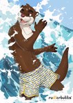 anthro black_whiskers clothing eyebrows fur furry-specific_brand male one_eye_closed open_mouth outside partially_submerged pose solo swimwear teeth tongue water whiskers senor_nutria rudderbutts sami_(rudderbutts) asian_small-clawed_otter mammal mustelid otter 2021 hi_res