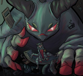 5_fingers abstract_background all_fours ambiguous_gender back_spines bent_leg biped button_(fastener) claws clothed clothing costume cross_pupils debris excited feral fingers flying_debris gesture green_hair grey_background grey_horn grin hair hand_gesture horn in_costume looking_at_viewer looking_down macro multicolored_clothing multiple_forms onesie plushie raised_hand red_claws red_clothing red_eyes red_onesie red_stripes ruins seam_(sewing) semi-anthro sharp_teeth simple_background sitting smile snout solo straight_hair stripes tail tan_body tan_claws tapering_tail teal_body teal_clothing teal_onesie teeth thick_tail trash two_tone_claws two_tone_clothing two_tone_onesie unusual_anatomy unusual_horn zipper bobbylily gachiakuta mythology guita_hebby_fantasia animate_inanimate dragon human kaiju living_plushie mammal mythological_creature mythological_scalie scalie 2025 absurd_res digital_drawing_(artwork) digital_media_(artwork) full-length_portrait hi_res portrait shaded signature soft_shading female_(lore)