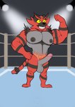 anthro areola biceps fighting_ring flexing flexing_bicep fur genitals grey_body grey_fur male male_anthro muscular muscular_anthro nipples penis red_body red_fur snout solo tail teeth spell_lhost nintendo pokemon generation_7_pokemon incineroar pokemon_(species) 2024 hi_res