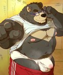 anthro balls_outline black_body bodily_fluids bulge clothing detailed_bulge eyewear genital_outline glasses humanoid_hands kemono locker_room male musk overweight overweight_male penis_outline solo sweat underwear raichoclub bear mammal 2023 hi_res