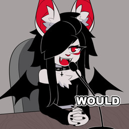 alternative_fashion anthro choker electronics fangs female furniture goth jewelry microphone necklace solo table teeth wings sataenart would_(reaction_image) asphodel_(sataenart) bat mammal 2025 absurd_res hi_res meme reaction_image