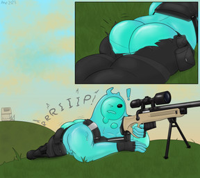 blue_body blue_butt bottomwear butt clothing exclamation_point gun lying male not_furry on_front one_eye_closed outside pants ranged_weapon solo sound_effects torn_bottomwear torn_clothing torn_pants weapon mintyn0tfresh epic_games fortnite rippley_(fortnite) goo_creature goo_humanoid humanoid 2023 absurd_res hi_res