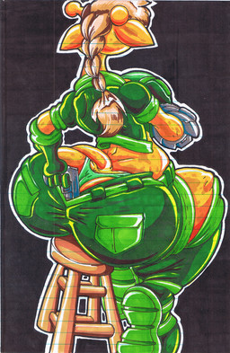 anthro big_butt black_background breasts butt clothing female green_clothing gun ranged_weapon rear_view simple_background sitting solo underwear weapon yellow_body virus-20 luray_giraffe giraffe giraffid mammal 2016