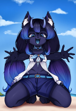 5_fingers anthro arms_out arms_outstretched beach black_claws blue_choker blue_eyes blue_horn blue_jewelry blue_necklace blue_sky blue_tongue bottomwear breasts choker claws cleavage clothed clothed_anthro clothed_female clothing cloud ears_up eyebrows facial_markings fangs female fingers gradient_hair hair head_markings heart_choker horn inner_ear_fluff jewelry kneeling long_hair looking_at_viewer markings navel necklace open_mouth open_smile plant pose purple_arms purple_body purple_ears purple_eyebrows purple_hair purple_legs sand sea shorts shrub sitting sky small_breasts smile smiling_at_viewer solo teeth teeth_showing tongue topwear tuft water white_inner_ear_fluff young young_anthro young_female bimbo4ka elayne_(kyacha) domestic_cat felid feline felis mammal absurd_res hi_res pinup