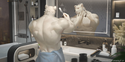 anthro bathtub black_nose cheek_tuft facial_tuft fur inside male mirror mouth_closed muscular muscular_anthro muscular_male neck_tuft raining rear_view red_eyes shaving solo standing towel towel_around_waist tuft white_body white_fur window awaldkize bear mammal polar_bear ursine absurd_res hi_res