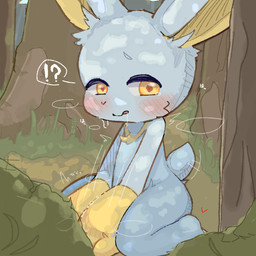ambiguous_anthro ambiguous_fluids ambiguous_gender anthro biped blue_body blue_fur blush bodily_fluids caught_in_the_act chest_tuft covering covering_crotch detailed_background drooling forest_background fur fur_tuft heart_pupils heart_symbol interrobang kneeling looking_at_viewer multicolored_body multicolored_fur nude nude_ambiguous nude_anthro plant plantigrade saliva seiza sitting slim slim_ambiguous slim_anthro solo surprised three-quarter_view tree tuft two_tone_body two_tone_fur yellow_body yellow_eyes yellow_fur yellow_inner_ear young purupuwa lagomorph leporid mammal rabbit 1:1 2026 digital_drawing_(artwork) digital_media_(artwork) hi_res shaded soft_shading