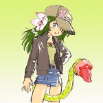 baseball_cap bottomwear clothing disguise feed_me_seymour female flower green_hair hair hat headgear headwear jacket looking_at_viewer not_furry plant shirt simple_background skirt smile solo tail tail_mouth tentacle_mouth tentacles tongue topwear trick unusual_anatomy unusual_tail pukao elemental_creature flora_fauna humanoid 1:1 low_res