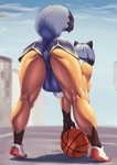 anthro ball balls balls_outline basketball_(ball) bent_over big_balls blue_hair bodily_fluids bottomwear breasts bulge butt camel_toe clothed clothed_anthro clothed_herm clothed_intersex clothing crossgender detailed_bulge footwear fth_crossgender fti_crossgender genital_outline genitals gynomorph hair herm huge_balls intersex nipple_outline rear_view shirt short_hair shorts solo sweat tank_top topwear jindragowolf brand_new_animal studio_trigger michiru_kagemori canid canine mammal raccoon_dog tanuki 2020 digital_media_(artwork) hi_res signature