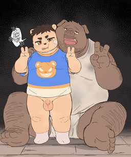 age_difference ambiguous_gender anthro balls belly big_belly big_hands bodily_fluids butt clothing countershading curvy_figure duo emanata foreskin fur genitals gesture hair hand_gesture holding_wrist humanoid_genitalia humanoid_penis kemono male moobs mostly_nude navel nipples nude obese older_male overweight penis simple_background sitting slightly_chubby slightly_chubby_anthro slightly_chubby_young tail tan_body tan_fur thick_thighs tongue v_sign wide_hips young young_anthro young_male moki_(artist) domestic_cat domestic_pig felid feline felis mammal suid suine sus_(pig) 2025 5:6 colored digital_drawing_(artwork) digital_media_(artwork) hi_res shaded