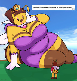 antennae_(anatomy) anthro arm_support armwear arthropod_abdomen bedroom_eyes big_breasts breasts cape cleavage clothed clothing cloud crown dialogue dress duo elbow_gloves exclamation_point extreme_size_difference eyebrows eyelashes eyeshadow female footwear gloves grass hand_on_face handwear headgear huge_breasts insect_wings larger_female leaning leaning_sideways lips lipstick macro makeup male markings mature_female narrowed_eyes non-mammal_breasts open_mouth outside overweight overweight_anthro overweight_female pink_eyeshadow pink_lips pink_lipstick plant purple_cape purple_clothing purple_dress purple_footwear queen royalty seductive size_difference sky stinger text thick_thighs white_clothing white_gloves white_handwear wide_hips wings yellow_body sketchfins mario_bros nintendo super_mario_galaxy honey_queen mario arthropod bee human hymenopteran insect mammal 2026 english_text hi_res
