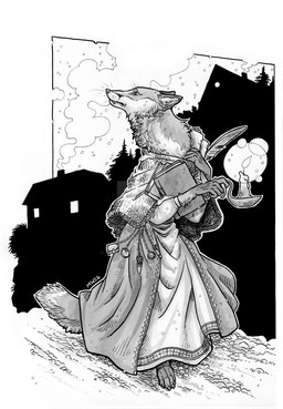 adeline_sablewood_(grimshire) anthro arm_tuft barefoot biped book candle_holder candlestick cheek_tuft clothed clothing detailed_background dress facial_tuft fangs feet female fingers fire fur holding_object inner_ear_fluff looking_back looking_up loose_feather multicolored_body multicolored_fur neck_tuft pattern_clothing quill scroll snow solo tail teeth tuft two_tone_body two_tone_fur whiskers justcallmemrm grimshire canid canine fox mammal monochrome