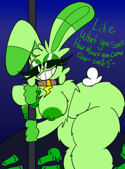 anthro areola big_breasts breasts collar exposed_breasts female female_anthro fur green_areola green_body green_fur green_nipples money nipples pole simple_background solo stripper_pole thick_thighs chaoticdream mob_entertainment poppy_playtime smiling_critters hoppy_hopscotch lagomorph leporid mammal rabbit