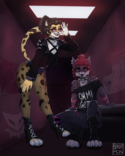 anthro blep bodily_fluids boots bottomwear brown_hair cheek_tuft clothing collar crouching denim denim_bottomwear denim_clothing dripping drooling duo ear_piercing ear_ring eyelashes eyewear facial_tuft fangs femboy fishnet_clothing fishnet_leggings fishnet_legwear fishnet_shirt fishnet_topwear footwear fur glasses grey_body grey_fur hair half-closed_eyes heart_symbol high_heeled_boots high_heels hotpants jacket jeans leather leather_boots leather_clothing leather_footwear leather_jacket leather_topwear leggings legwear lips male male/male markings narrowed_eyes open_mouth open_smile pants pattern_clothing pattern_legwear pattern_stockings paw_shoes piercing ponytail purple_body purple_fur red_hair ring_piercing saliva saliva_drip saliva_string shirt shoes shorts smile smirk smug smug_face smug_grin spiked_collar spikes spots spotted_body spotted_fur stockings striped_clothing striped_legwear striped_stockings stripes studded_collar studs tank_top teeth thick_bottom_lip tongue tongue_out topwear torn_bottomwear torn_clothing torn_jeans torn_pants tuft white_body white_fur yellow_body yellow_fur cozymun munsy_(blaxat) nikki_duma cheetah felid feline king_cheetah lynx mammal 4:5 absurd_res hi_res