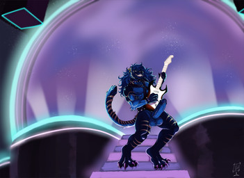 anthro balls big_balls big_penis blue_body blue_fur blur_hair claws collar ear_piercing ear_ring electric_guitar erection fur genitals guitar male muscular muscular_male musical_instrument nipples penis piercing playing_guitar playing_music plucked_string_instrument ring_piercing rock_out_with_your_cock_out smile solo spiked_collar spikes stairs string_instrument striped_body stripes tail lazaxus drake_lewis felid mammal pantherine tiger absurd_res hi_res