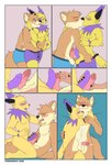 balls blush bodily_fluids clothing ejaculation erection frottage fur genital_fluids genitals grinding humanoid_genitalia humanoid_penis male male/male nude penile penis precum rubbing sex tail tongue underwear undressing yellow_body yellow_fur kingdraws nintendo pokemon canid canine eeveelution generation_1_pokemon jolteon mammal pokemon_(species) 2025 comic digital_media_(artwork) hi_res