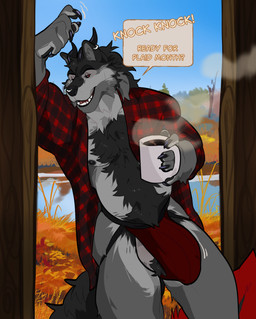 anthro ball_tuft balls beverage black_sclera body_hair chest_hair clothed clothing coffee coffee_mug ear_piercing ear_ring erection erection_under_clothing eyebrows genitals gingham horn jockstrap looking_at_viewer male male_anthro musclegut muscular muscular_anthro muscular_male neck_tuft nipples open_clothing open_mouth open_shirt open_topwear overweight overweight_anthro overweight_male pattern_clothing pattern_shirt pattern_topwear piercing plaid plaid_clothing plaid_shirt plaid_topwear ring_piercing shirt smile solo speech_bubble standing tail teeth text tongue topwear tuft underwear likanen kyran_(abusoru95) canid canine canis demon mammal wolf 2025 english_text hi_res