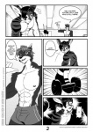 abs anthro anupap biceps canid canine canis clothed clothing comic dialogue digital_drawing_(artwork) digital_media_(artwork) domestic_dog duo english_text fur greyscale male male/male mammal monochrome muscular nipples pecs smile text topless