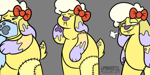 accessory ambiguous_gender anthro blue_body bow_ribbon duo featureless_chest featureless_crotch female female/ambiguous floppy_ears hair hair_accessory hair_bow hair_ribbon hammerspace hammerspace_vore lop_ears neck_bulge non_fatal_vore nude oral_vore pawpads plushie ribbons round_body same_size_vore simple_background stitch_(sewing) swallowing tail toony vore white_hair yellow_body umbratilace animate_inanimate domestic_rabbit lagomorph leporid living_plushie lop_rabbit mammal oryctolagus patchwork_creature rabbit 2025 digital_drawing_(artwork) digital_media_(artwork) flat_colors hi_res sequence