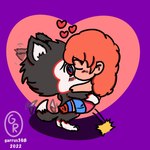 anthro black_body black_fur blush chibi duo female fur hair heart_symbol hug interspecies jumping kissing male male/female red_hair romantic romantic_couple white_body white_fur garrus368 gokan_(gokanthehusky) meehan_(garrus368) canid canine canis domestic_dog human husky mammal nordic_sled_dog spitz 1:1 2022 hi_res