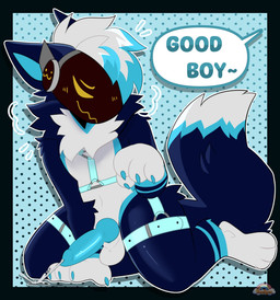 anthro blue_body blue_fur fur genitals good_boy harness knot knotted_penis machine male multicolored_body multicolored_fur penis praise praise_kink solo text rose_puppies protogen absurd_res english_text hi_res