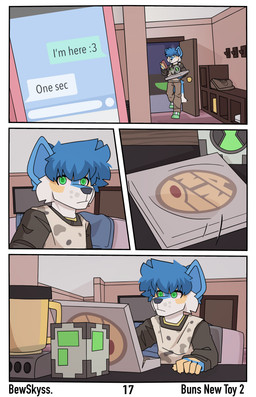 anthro blue_hair box clothed clothing container door electronics female green_eyes hair male male/female phone pizza_box solo tail text texting white_body bewskyss canid canine mammal absurd_res comic english_text hi_res