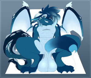 3_toes anthro balls big_balls big_penis blue_body blue_eyes blue_penis crouching ear_piercing erection feet foreskin genitals hair horn huge_penis humanoid_genitalia humanoid_penis looking_at_viewer male nude penis piercing presenting presenting_penis ring_piercing simple_background smile solo spread_legs spreading tail teeth toes wings backsash mythology dragon mythological_creature mythological_scalie reptile scalie 2024 absurd_res digital_media_(artwork) hi_res