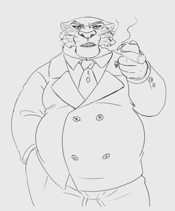 accessory anthro belly big_belly bottomwear cigar clothing fur hand_in_pocket male moobs necktie overweight overweight_male pants pockets sharp_teeth smoking solo striped_body striped_fur stripes suit teeth biglovealicia disney the_jungle_book shere_khan felid mammal pantherine tiger absurd_res hi_res monochrome